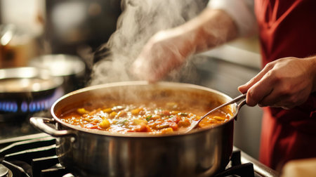 A home cook adding spices to a bubbling pot of soup on the stove, with a focus on the rich, aromatic flavors being developed in the kitchen.の素材