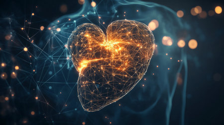 A medical illustration of the human liver, highlighting its position in the body and connections to surrounding organs, with a clean and simple background.の素材