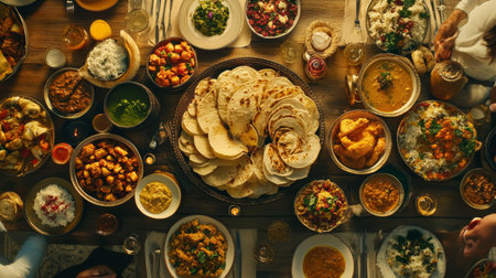A lively celebration scene featuring a buffet table with an array of Indian dishes and a centerpiece of freshly made rotis, highlighting the festive spirit of communal dining.の素材