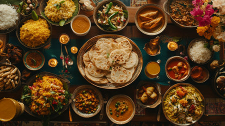 A lively celebration scene featuring a buffet table with an array of Indian dishes and a centerpiece of freshly made rotis, highlighting the festive spirit of communal dining.の素材