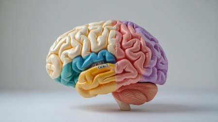 A model of the human brain, showing the different lobes and sections, with labels or color coding for an educational look, isolated on a clean background.の素材