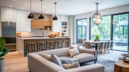 A modern open-concept living room leading to a kitchen, showcasing a seamless design with stylish bar stools and contemporary lighting fixtures, perfect for entertaining.の素材