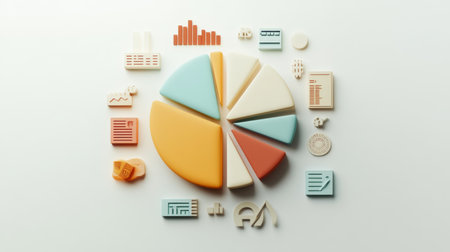 A minimalist financial pie chart with pastel-colored slices, displaying income distribution, with financial icons and subtle shadows on a light background.の素材