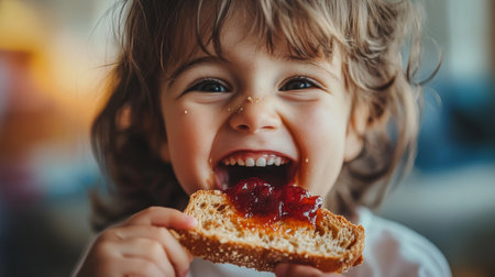 A playful image of a child enjoying a slice of bread with jam, with a big smile and crumbs around their mouth, showcasing the simple joys of childhood snacks.の素材