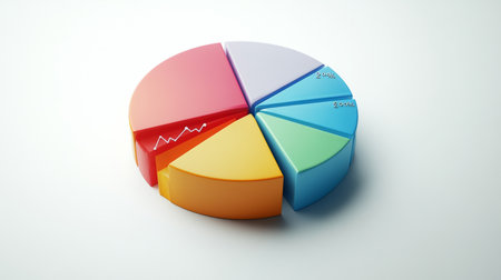 A pie chart displaying personal finance data, with different sections for savings, expenses, and investments, accompanied by labels and percentages on a sleek white background.の素材