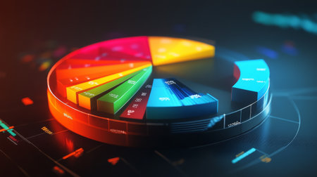 A rotating 3D pie chart with colorful, layered sections representing data, with numbers and labels floating beside each slice for clarity.の素材