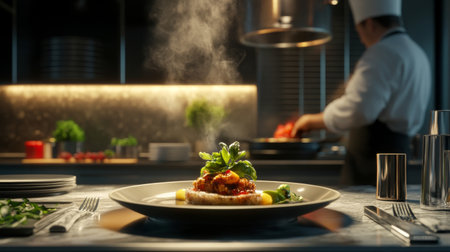 A modern kitchen with a chef plating a fine-dining dish, arranging the food artfully on the plate, ready to be served in an elegant presentation.の素材