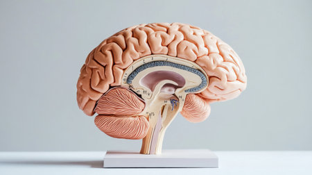 A model of the human brain, showing the different lobes and sections, with labels or color coding for an educational look, isolated on a clean background.の素材