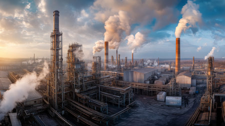 A panoramic view of a sprawling industrial plant with towering smokestacks and complex piping, emphasizing the scale of industrial operations.の素材