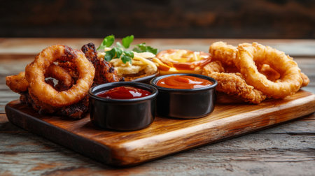 A rustic scene with a wooden cutting board displaying a variety of dipping sauces, including ketchup, accompanied by onion rings and chicken tenders, perfect for sharing.の素材