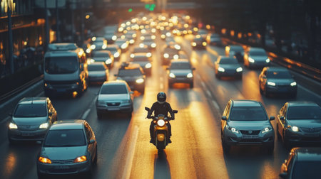 A serene scene of a motorcycle weaving through traffic, contrasting the slow-moving cars, capturing the ingenuity of navigating congested roads.の素材