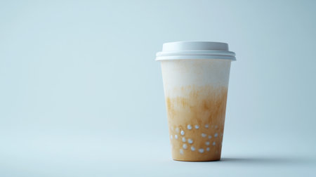 A plastic bubble tea cup with a sealed lid, pearls visible at the bottom, placed on a white background with no distractions, emphasizing the drinks clarity.の素材
