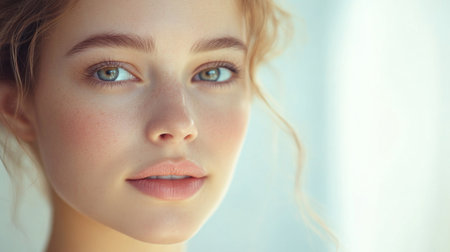 A portrait of a woman with glowing skin and defined facial features, her natural beauty highlighted by minimal makeup and a soft, blurred background.の素材