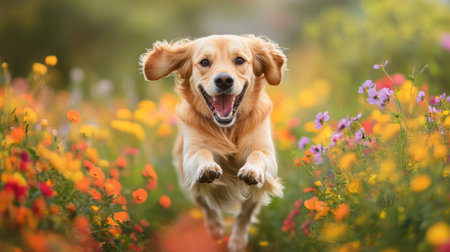 A playful photo of a dog bounding through a field of colorful wildflowers, with its fur and flowers creating a vibrant and cheerful contrast.の素材