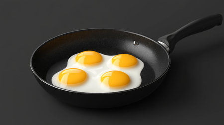 A non-stick frying pan with eggs frying perfectly in the center, with the golden yolks standing out against the black pan surface.の素材