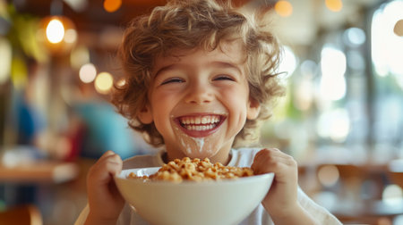 A playful shot of a child enjoying a bowl of cereal topped with condensed milk, with a big smile on their face, capturing the joy of simple, sweet breakfasts.の素材