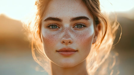 A portrait of a woman with glowing skin and defined facial features, her natural beauty highlighted by minimal makeup and a soft, blurred background.の素材