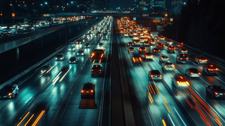 A nighttime scene of a highway filled with vehicles, with headlights and taillights creating light trails, portraying the ongoing hustle and bustle of city traffic.の素材