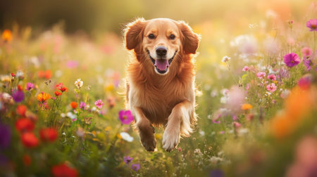 A playful photo of a dog bounding through a field of colorful wildflowers, with its fur and flowers creating a vibrant and cheerful contrast.の素材