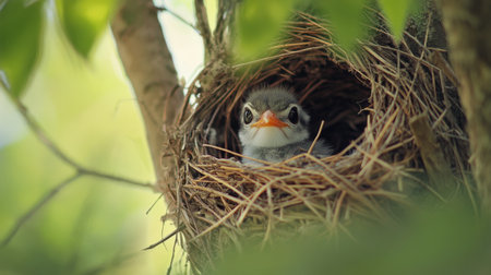 A picturesque scene of a baby bird peeking out from a nest made of twigs and grass, nestled safely in a tree, highlighting the beauty of wildlife and habitat.の素材