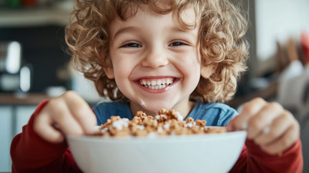A playful shot of a child enjoying a bowl of cereal topped with condensed milk, with a big smile on their face, capturing the joy of simple, sweet breakfasts.の素材