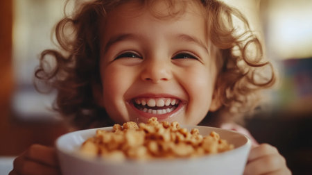 A playful shot of a child enjoying a bowl of cereal topped with condensed milk, with a big smile on their face, capturing the joy of simple, sweet breakfasts.の素材