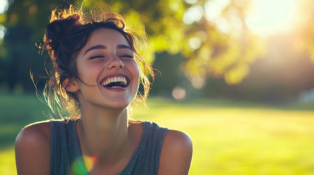 A playful portrait of a woman with a messy bun and a few loose strands, laughing and enjoying a sunny day at the park, embodying a carefree and natural beauty.の素材
