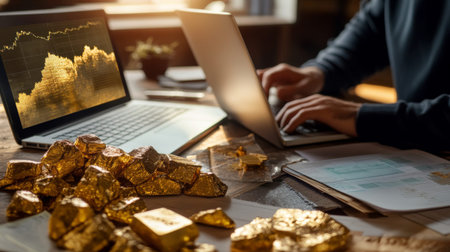 A professional setting with a trader analyzing a gold graph on a laptop, surrounded by financial reports and gold bullion, illustrating the world of investment and trading.の素材