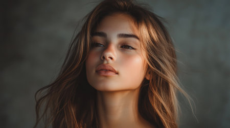 A serene portrait of a woman with long hair flowing gently around her face, with soft lighting accentuating her delicate and graceful appearance.の素材