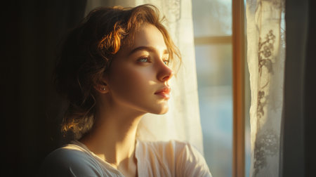 A serene shot of a woman gazing thoughtfully out of a window, with natural light illuminating her features, creating a peaceful and introspective atmosphere.の素材
