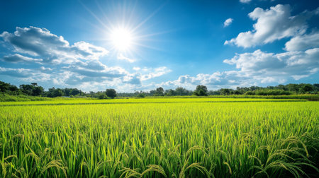 A serene image of jasmine rice growing in lush green fields under a bright blue sky, showcasing the beauty of rice paddies and the essence of Thai agriculture.の素材