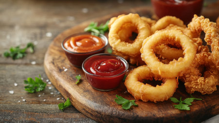 A rustic scene with a wooden cutting board displaying a variety of dipping sauces, including ketchup, accompanied by onion rings and chicken tenders, perfect for sharing.の素材