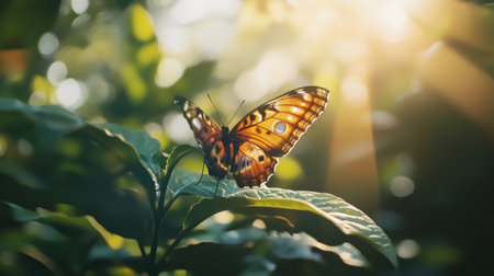 A serene image of a butterfly delicately perched on a leaf, with sunlight filtering through the foliage, highlighting the beauty of nature and its inhabitants.の素材