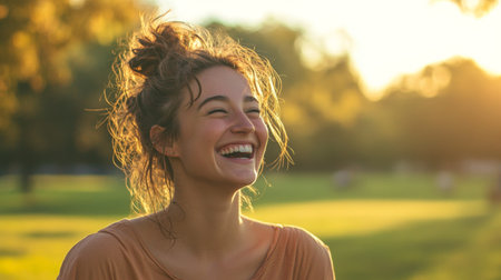 A playful portrait of a woman with a messy bun and a few loose strands, laughing and enjoying a sunny day at the park, embodying a carefree and natural beauty.の素材