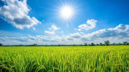 A serene image of jasmine rice growing in lush green fields under a bright blue sky, showcasing the beauty of rice paddies and the essence of Thai agriculture.の素材