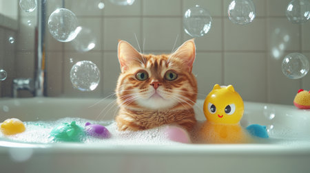 A serene scene of a cat relaxing in a bathtub, surrounded by bubbles and colorful bath toys, illustrating the calming side of bath time for pets.の素材