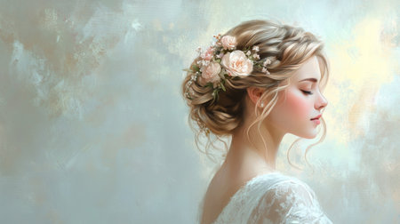 A serene portrait of a woman with an elegant updo, featuring soft curls and pinned flowers, set against a dreamy backdrop for a romantic atmosphereの素材