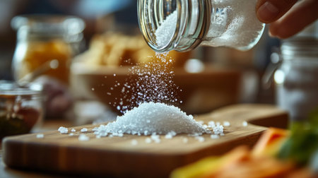 A serene image of salt being poured from a glass salt shaker onto a wooden cutting board, emphasizing the importance of seasoning in food preparation.の素材