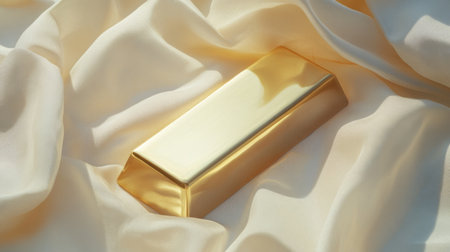 A serene shot of a single gold bar lying flat on a white cloth, with soft shadows highlighting its contours, capturing the elegance and allure of precious metals.の素材