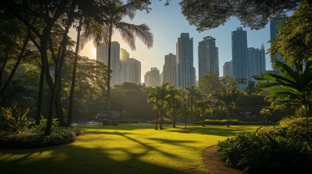 A serene shot of a park in the foreground with tall buildings in the background, illustrating the balance between nature and urban development in the city center.の素材