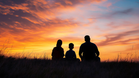 A serene scene of a family sitting on a hilltop, their silhouettes framed by a beautiful sunset sky, enjoying a peaceful moment together while gazing at the horizon.の素材