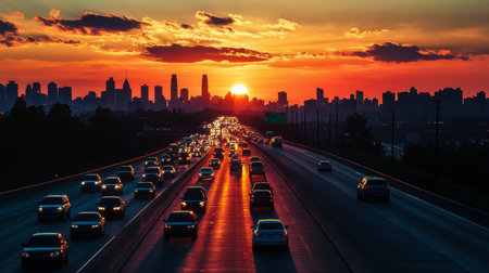 A serene sunset scene captured from an expressway overpass, with silhouettes of cars and the skyline in the background, creating a tranquil moment amidst the busy city.の素材