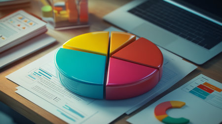A high-angle view of a 3D pie chart with labeled segments, placed on a desk alongside business documents and a laptop, symbolizing data analysis in a corporate setting.の素材