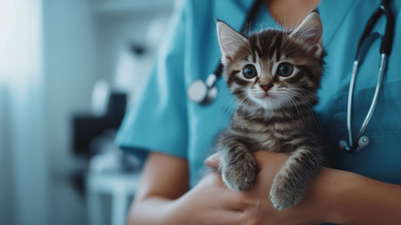 A heartwarming scene of a veterinarian gently holding a kitten during a check-up, with soft lighting creating a calm atmosphere in the clinic, emphasizing care and tenderness.の素材