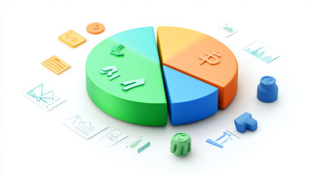 A financial pie chart with green, blue, and orange segments, clearly illustrating budget allocation, set against a white background with subtle financial icons.の素材