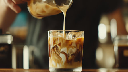 A dynamic shot of a barista pouring condensed milk into a glass of iced coffee, creating a swirl effect, highlighting the delicious combination of flavors.の素材