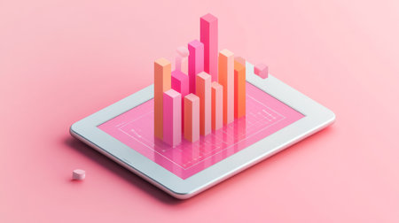 A flat lay of a digital tablet showing a 3D bar graph, with bars popping out of the screen, symbolizing interactive data analysis in a modern business settingの素材