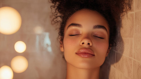 A serene image of a woman with a natural makeup look, featuring soft blush and light eyeliner, enjoying a moment of self-care in a cozy, well-lit bathroom.の素材