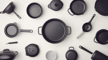 A high-angle view of different types of cookware, including a deep pot and frying pan, arranged on a clean white background, emphasizing their shapes and materials.の素材