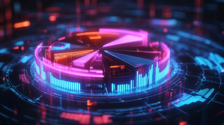 A futuristic 3D pie chart with glowing neon segments, rotating in a digital space, symbolizing modern data visualization and business analytics.の素材
